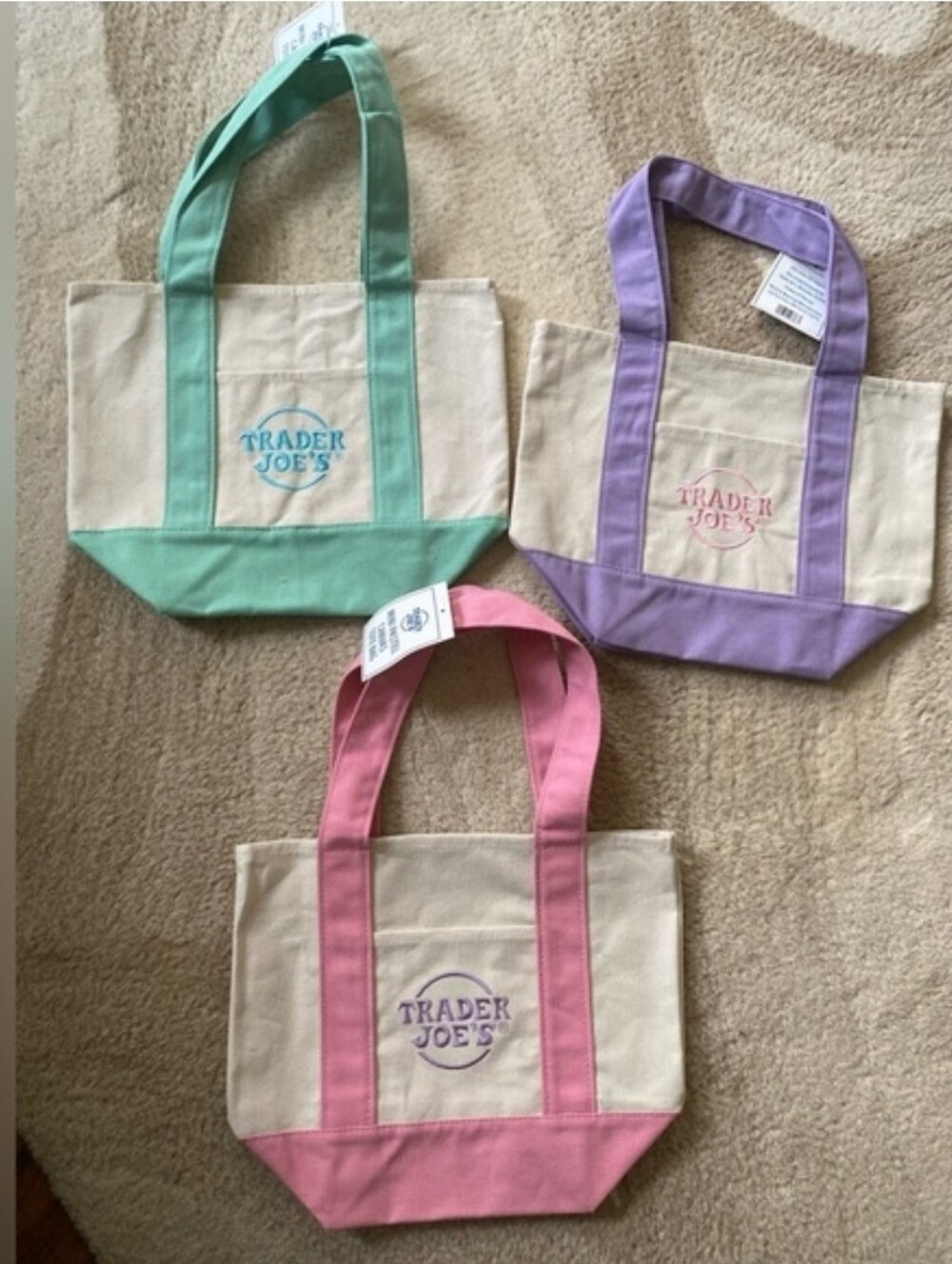 NWT- Trader Joe's Canvas Tote Set - Pink, Mint, Lavender Bundle